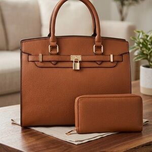 Classic Structured Tote Handbag with Matching Wallet - Brown